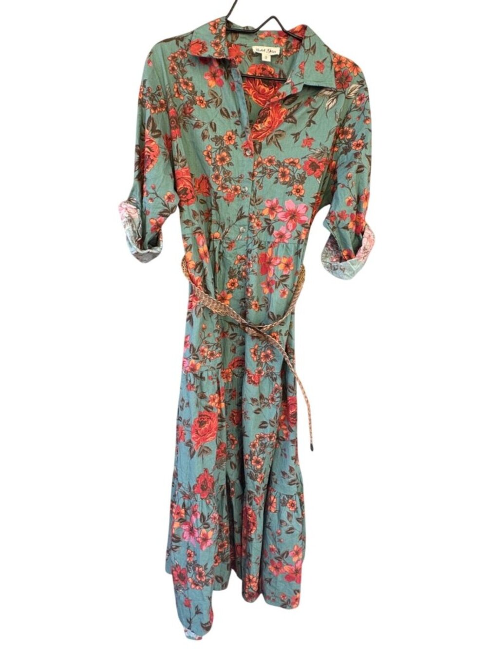 Violet Skies Floral Maxi Shirt Dress XL 100% Cotton Boho Button Down With Belt